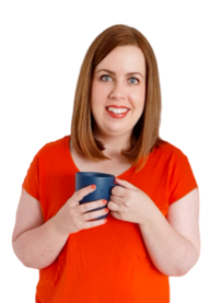 Woman wearing orange top, holding blue coffee mug